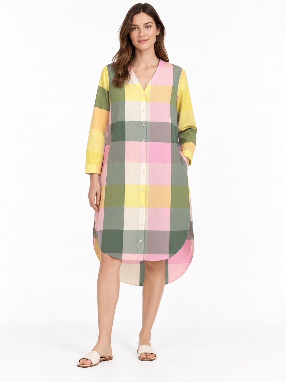 COS Pastel Check Cotton V-Neck High Low Shirt Dress EU 36 US 4 Pockets